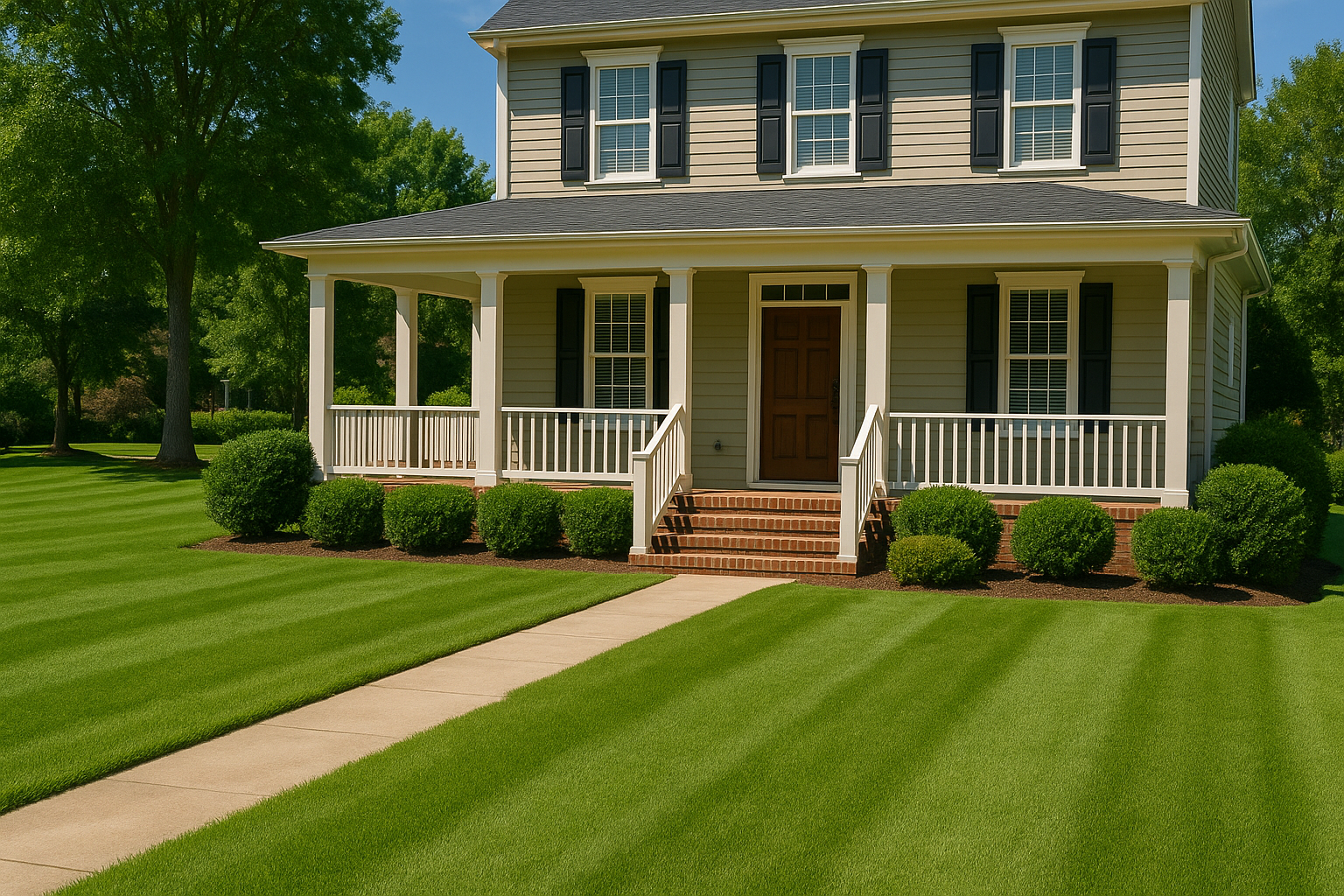 Greenville SC home with freshly cut lawn and landscaped front yard