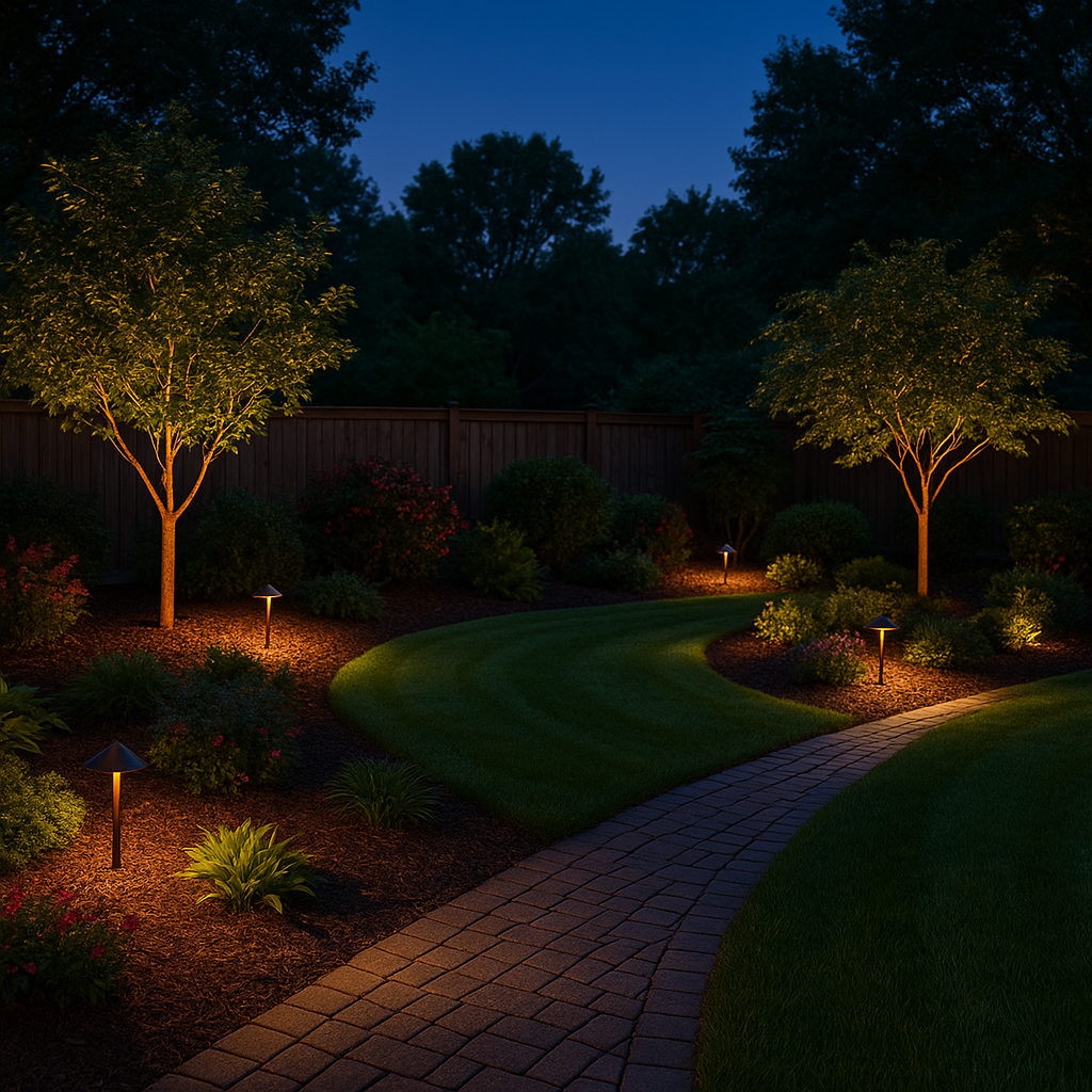 Greenville SC landscaped walkway with outdoor lighting at dusk